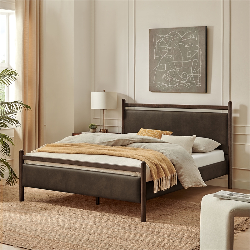 Ginny King Size Vegan Leather Platform Bed Frame in Wenge Mushroom