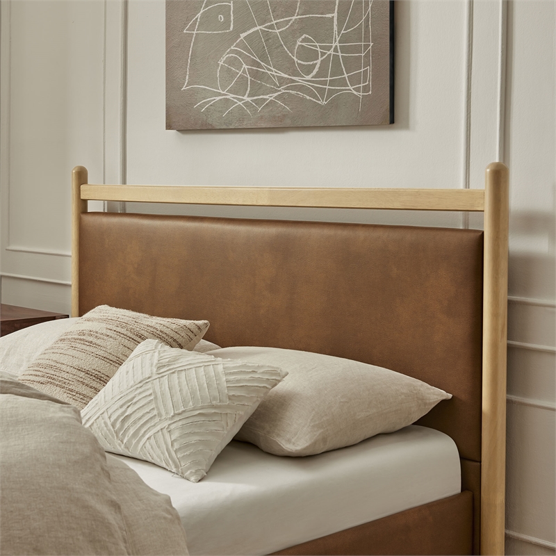 Ginny Full Size Vegan Leather Platform Bed Frame in Light Oak Canyon