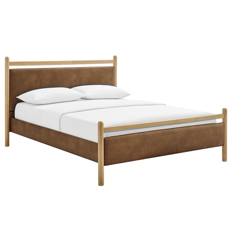 Ginny Full Size Vegan Leather Platform Bed Frame in Light Oak Canyon