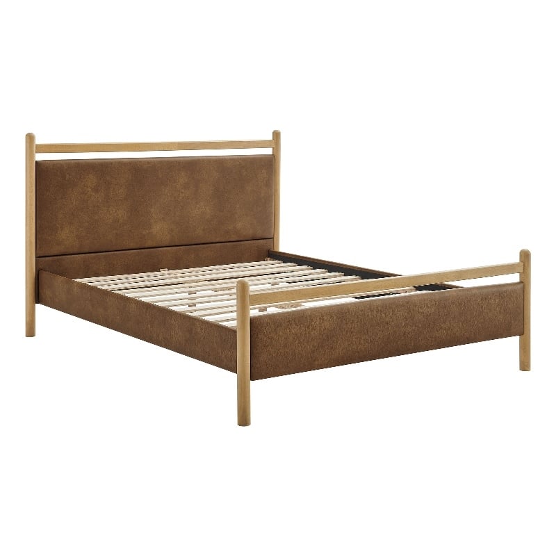 Ginny Full Size Vegan Leather Platform Bed Frame in Light Oak Canyon
