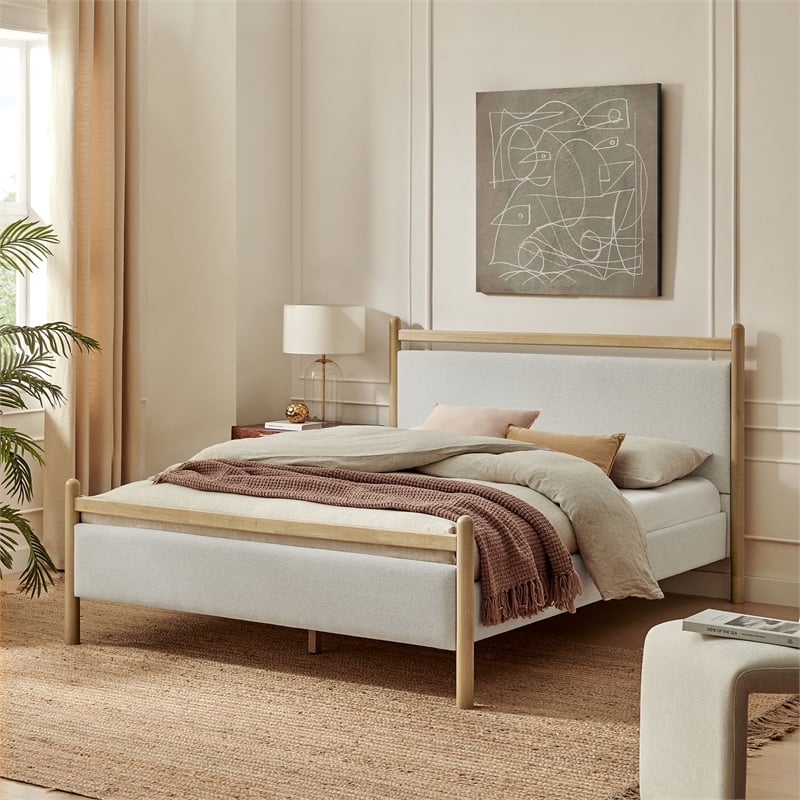 Ginny Queen Size Platform Bed Frame in Light Oak Heathered Ivory