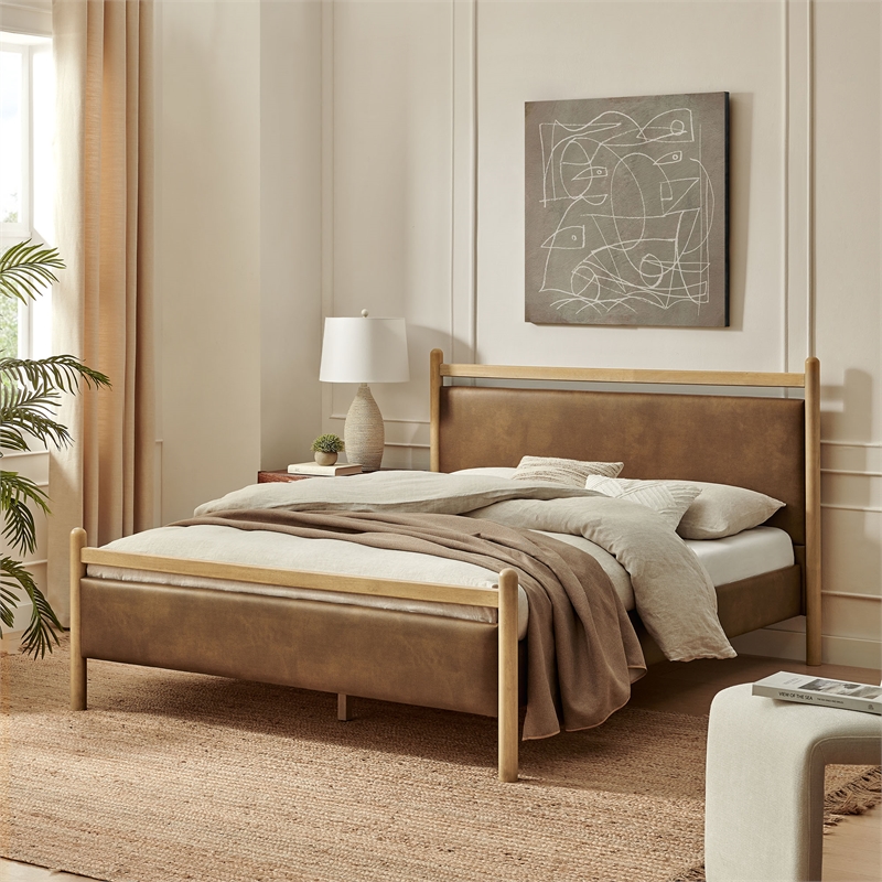 Ginny Queen Size Vegan Leather Platform Bed Frame in Light Oak Canyon