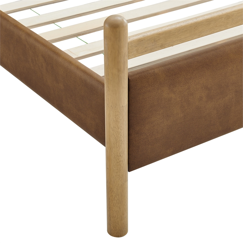 Ginny Queen Size Vegan Leather Platform Bed Frame in Light Oak Canyon