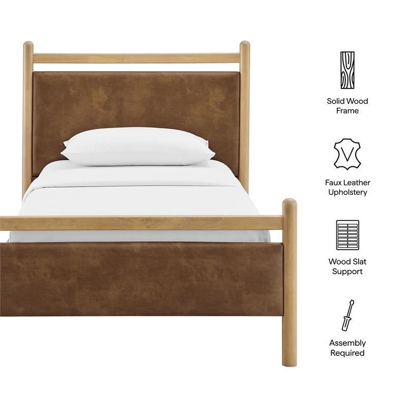 Ginny Twin Size Vegan Leather Platform Bed Frame in Light Oak Canyon