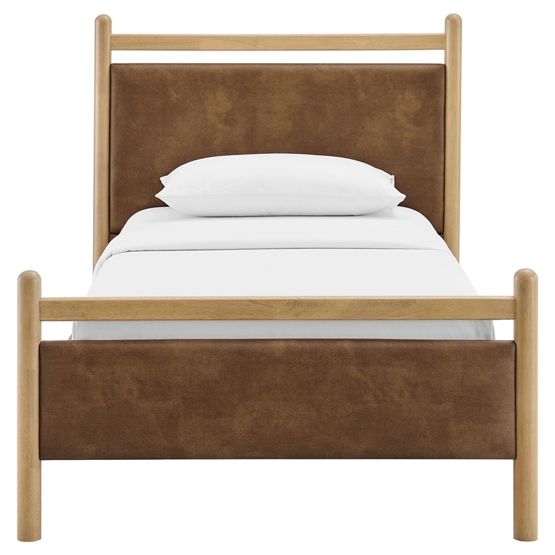 Ginny Twin Size Vegan Leather Platform Bed Frame in Light Oak Canyon