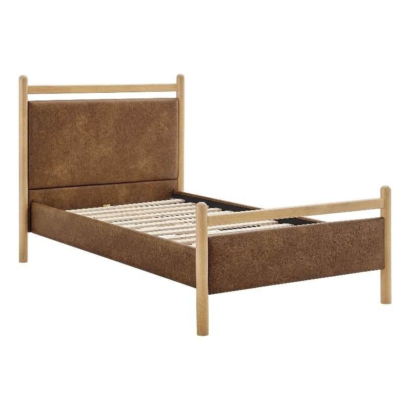 Ginny Twin Size Vegan Leather Platform Bed Frame in Light Oak Canyon