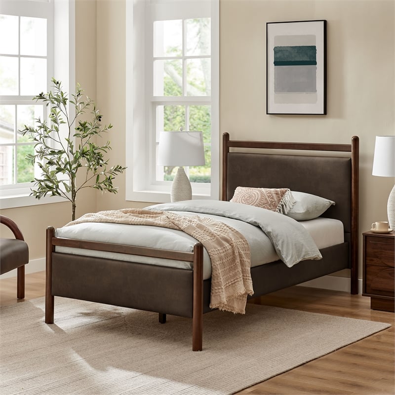 Ginny Twin Size Vegan Leather Platform Bed Frame in Wenge Mushroom