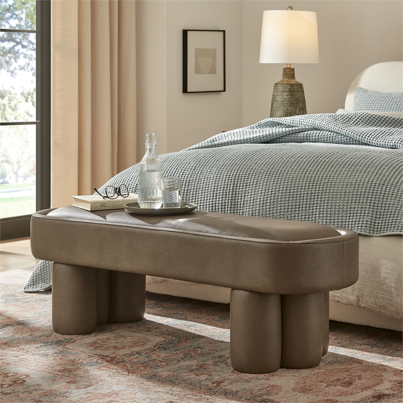 Mossi 52-Inch Oval Vegan Leather Bench in Mushroom