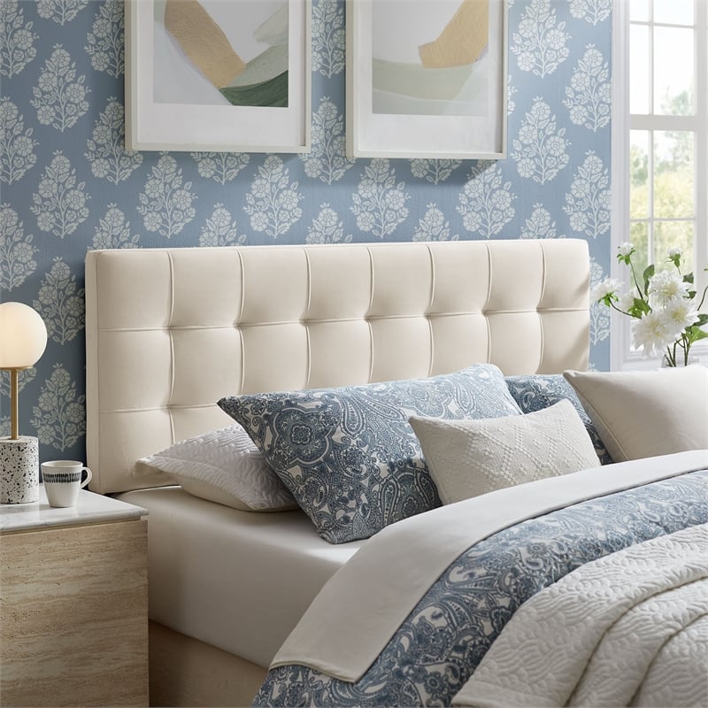 Lily Stain-Resistant Performance Velvet Queen Size Headboard in Alabaster
