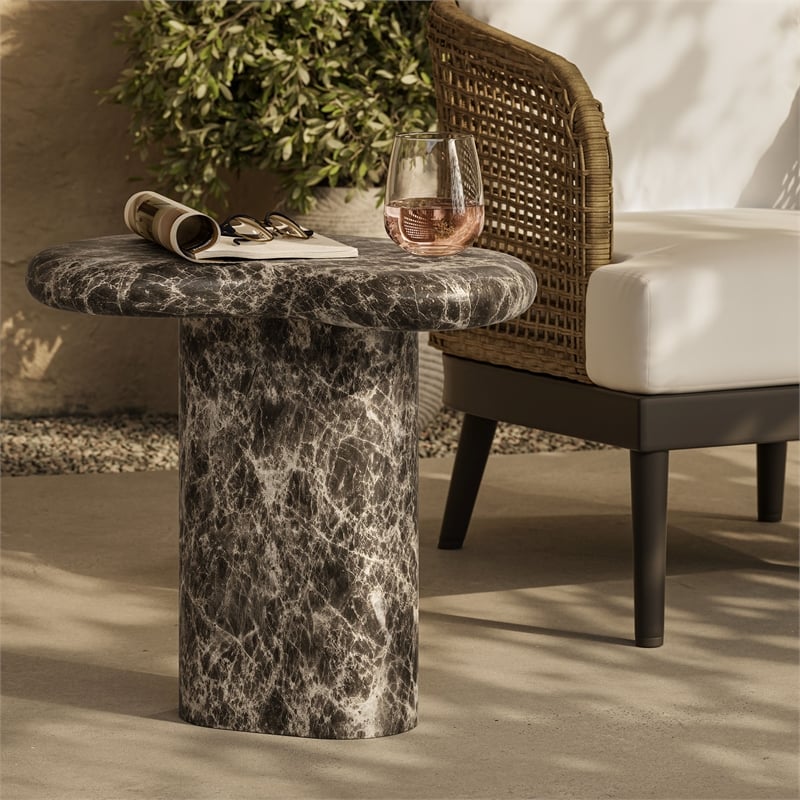 Elowen Outdoor Patio Faux Marble Side Table in Dark Emperador Marble