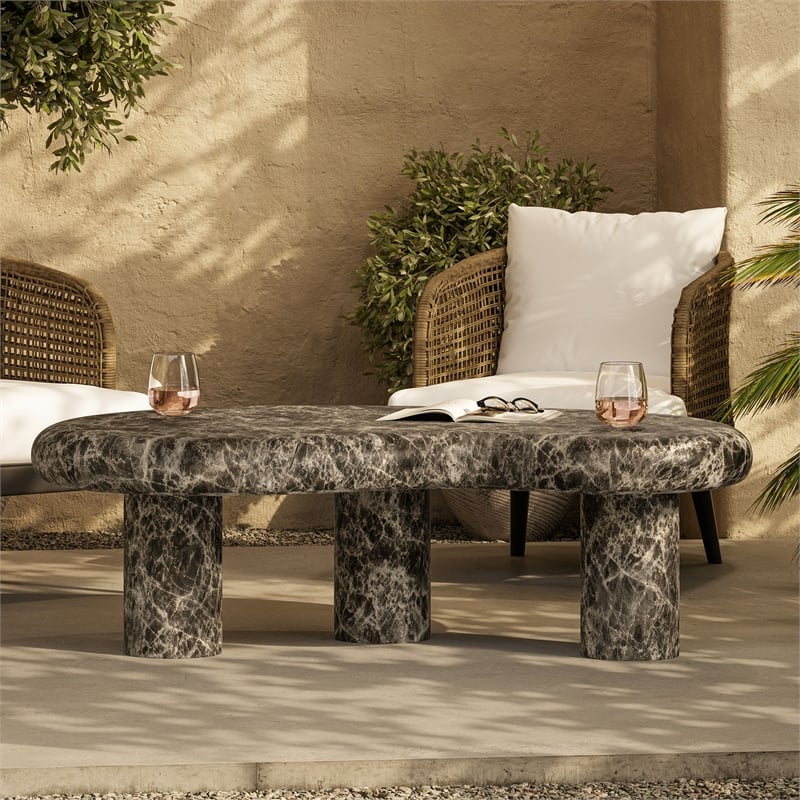 Elowen Outdoor Patio Faux Marble Coffee Table in Dark Emperador Marble