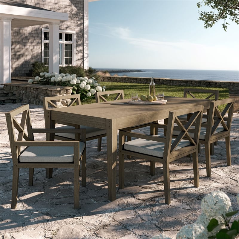 Modway Northlake 7-Piece Outdoor Teak Wood Dining Set in Pebble