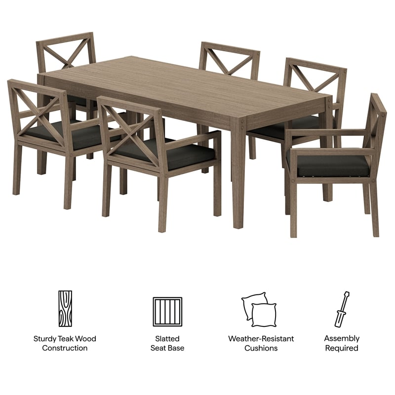 Modway Northlake 7-Piece Outdoor Teak Wood Dining Set in Flint Gray
