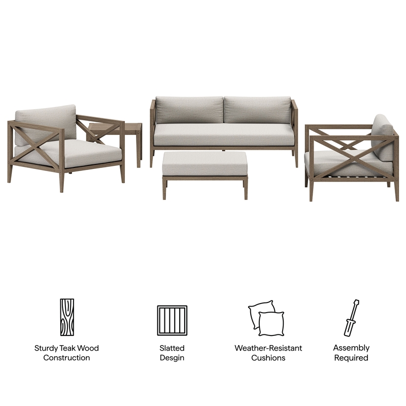 Modway Northlake 5-Piece Outdoor Teak Wood Furniture Set in Pebble