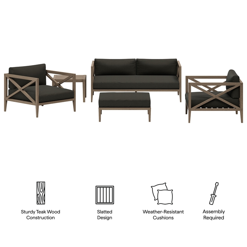 Modway Northlake 5-Piece Outdoor Teak Wood Furniture Set in Flint Gray