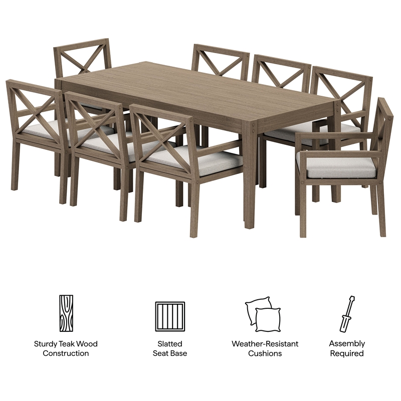 Modway Northlake 9-Piece Outdoor Teak Wood Dining Set in Pebble