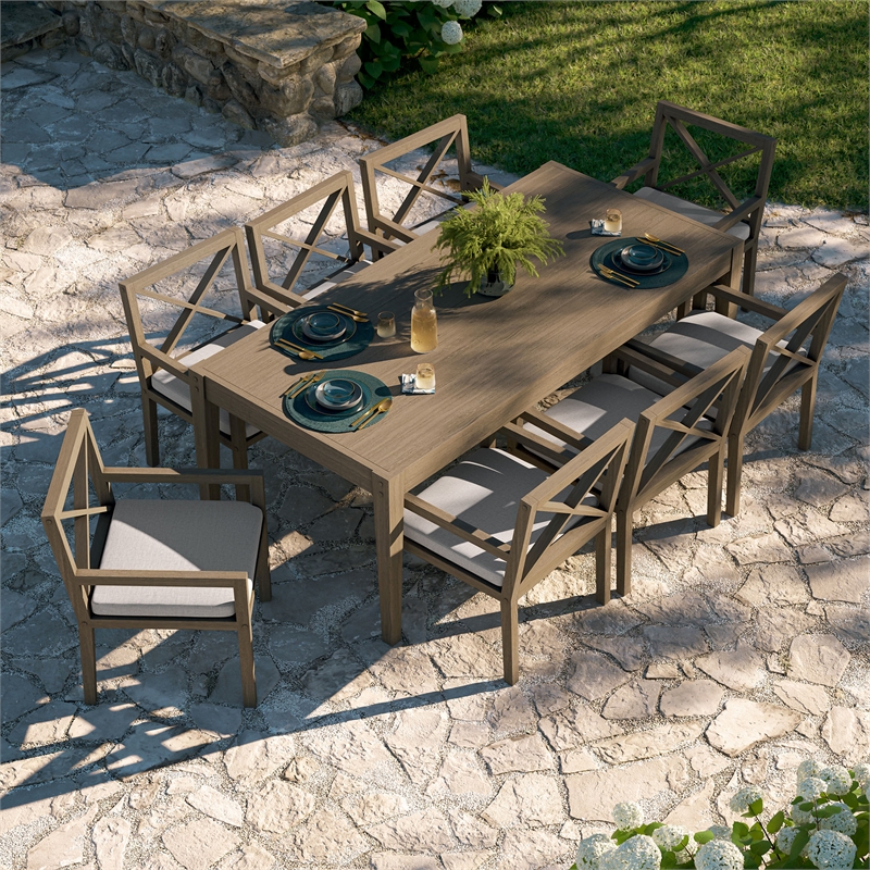 Modway Northlake 9-Piece Outdoor Teak Wood Dining Set in Pebble