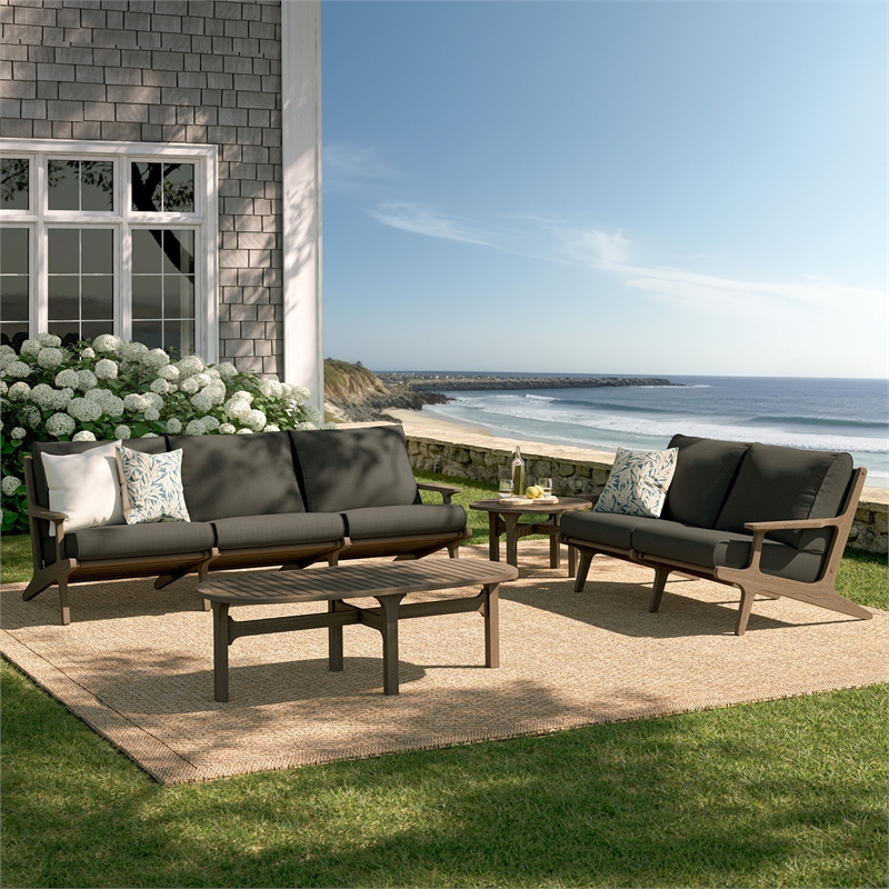 Modway Saratoga 4-Piece Outdoor Teak Wood Furniture Set in Flint Gray