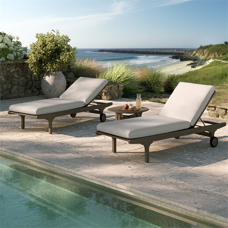 Saratoga Outdoor Teak Wood 3-Piece Chaise Lounge Furniture Set in Pebble