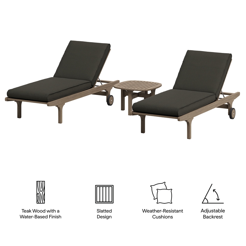 Saratoga Outdoor Teak Wood 3-Piece Chaise Lounge Furniture Set in Flint Gray