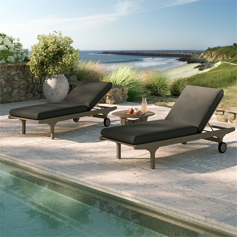 Saratoga Outdoor Teak Wood 3-Piece Chaise Lounge Furniture Set in Flint Gray
