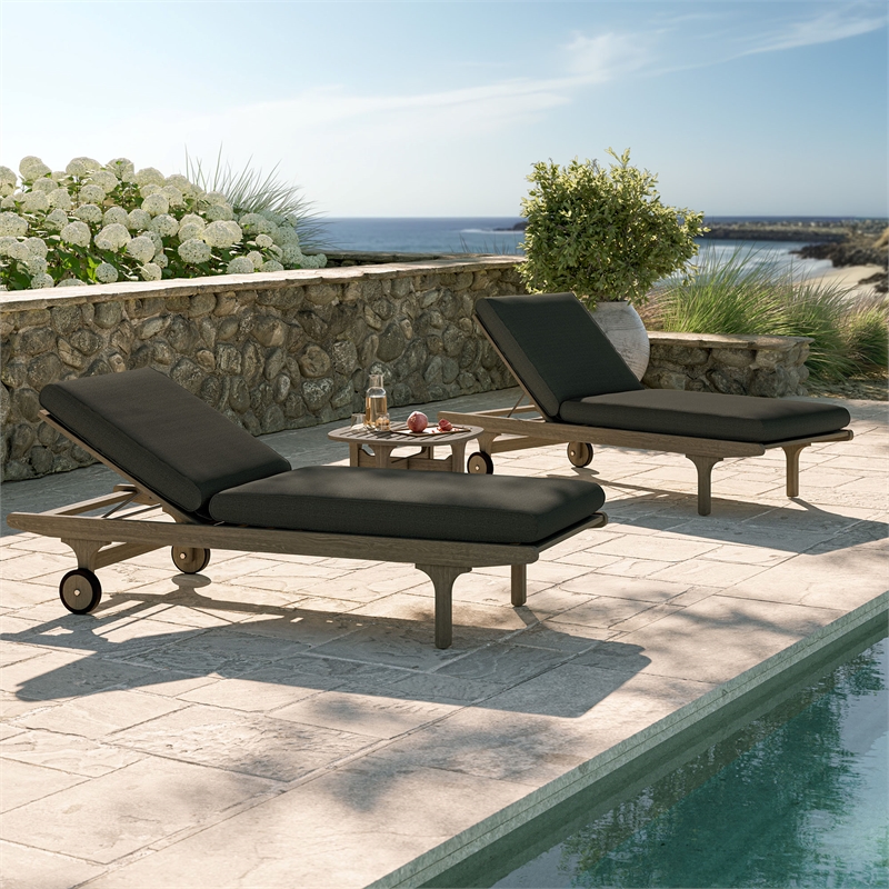 Saratoga Outdoor Teak Wood 3-Piece Chaise Lounge Furniture Set in Flint Gray