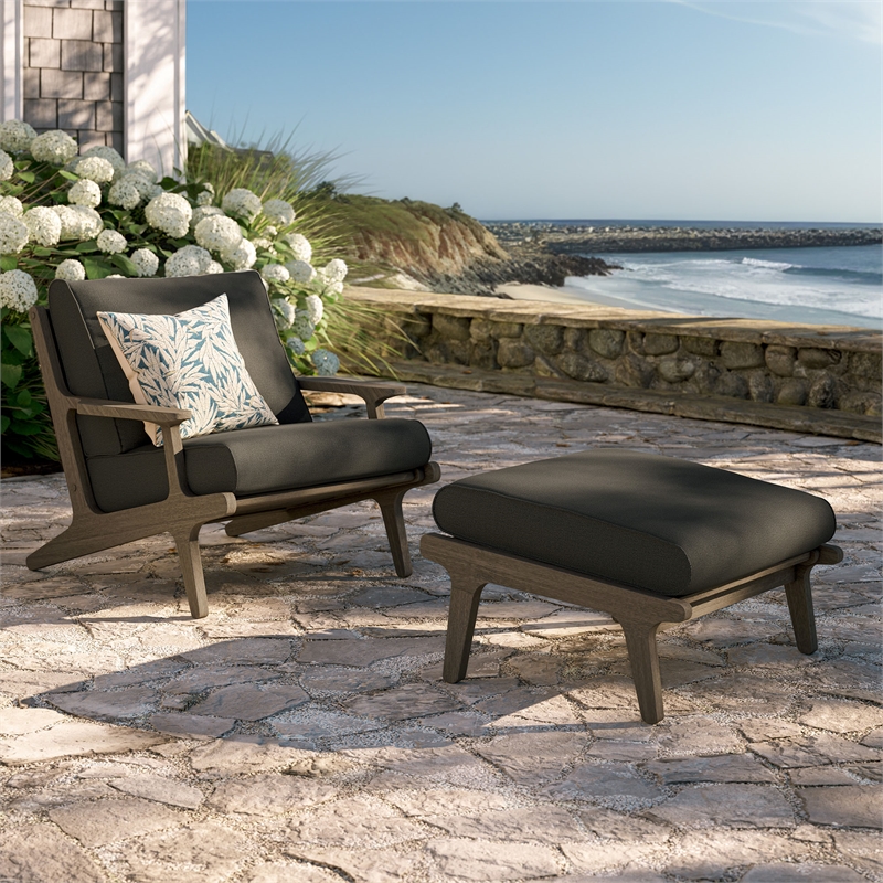 Saratoga Outdoor Teak Wood Chair and Ottoman Set in Flint Gray