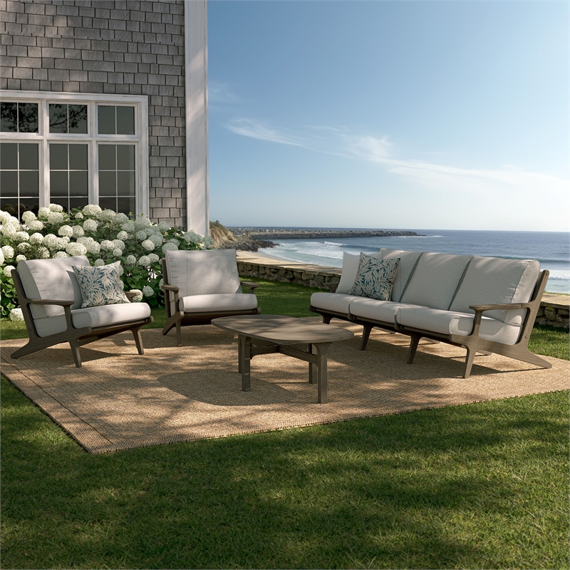 Modway Saratoga 4-Piece Outdoor Teak Wood Furniture Set in Pebble