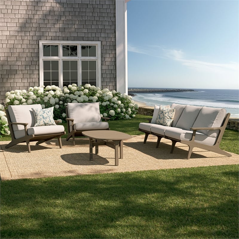 Modway Saratoga 4-Piece Outdoor Teak Wood Furniture Set in Pebble