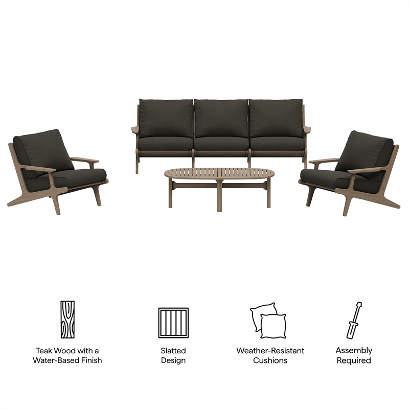 Modway Saratoga 4-Piece Outdoor Teak Wood Furniture Set in Flint Gray