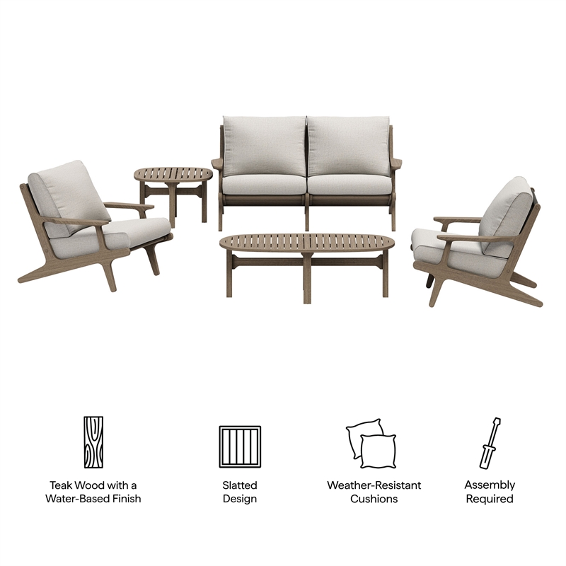 Modway Saratoga 5-Piece Outdoor Teak Wood Furniture Set in Pebble