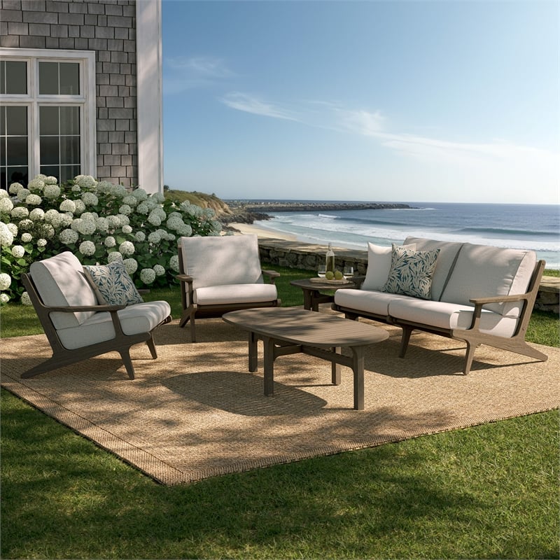 Modway Saratoga 5-Piece Outdoor Teak Wood Furniture Set in Pebble