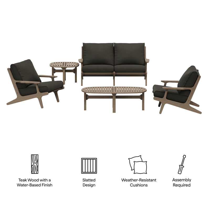 Modway Saratoga 5-Piece Outdoor Teak Wood Furniture Set in Flint Gray