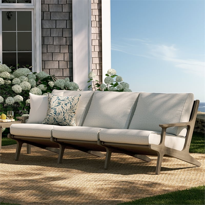 Modway Saratoga Outdoor Teak Wood Slatted Patio Sofa in Pebble