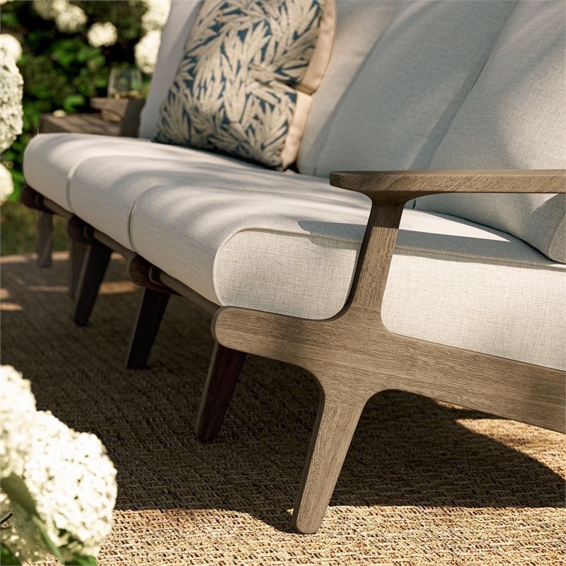 Modway Saratoga Outdoor Teak Wood Slatted Patio Sofa in Pebble