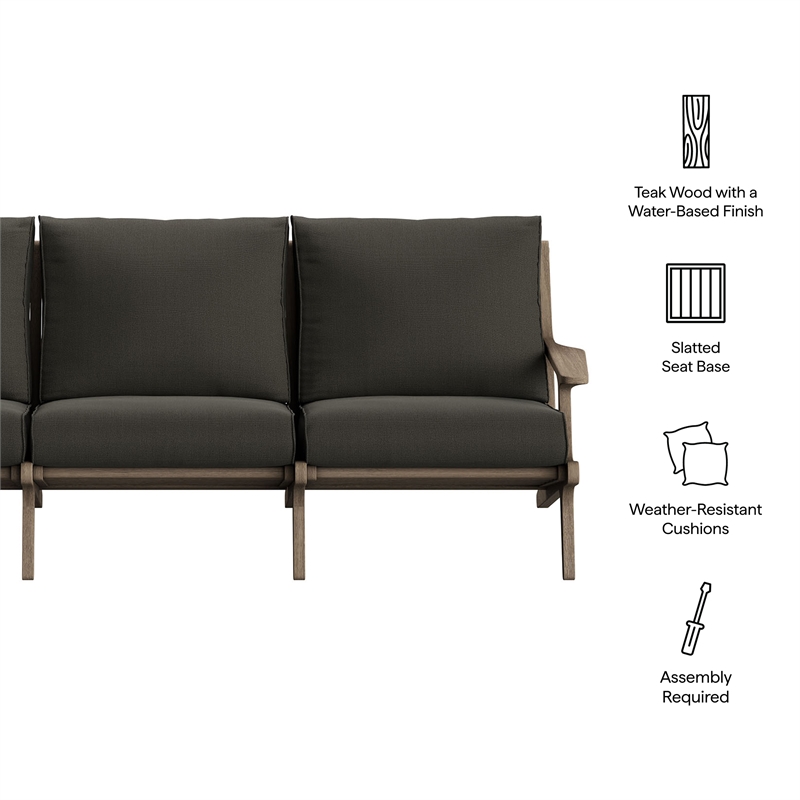 Modway Saratoga Outdoor Teak Wood Slatted Sofa in Flint Gray