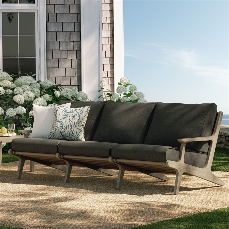 Modway Saratoga Outdoor Teak Wood Slatted Sofa in Flint Gray