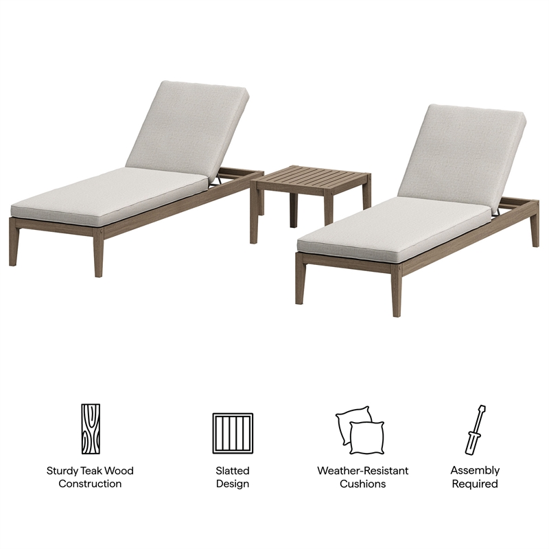 Northlake 3-Piece Patio Teak Furniture Set with Chaise Lounges and Side Table