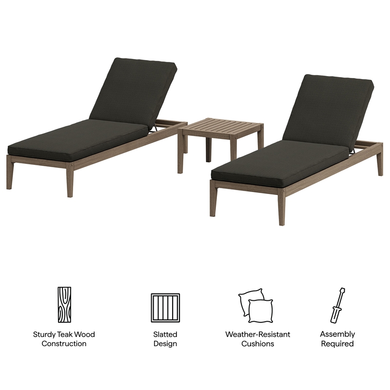 Northlake 3-Piece Patio Teak Furniture Set with Chaise Lounges and Side Table