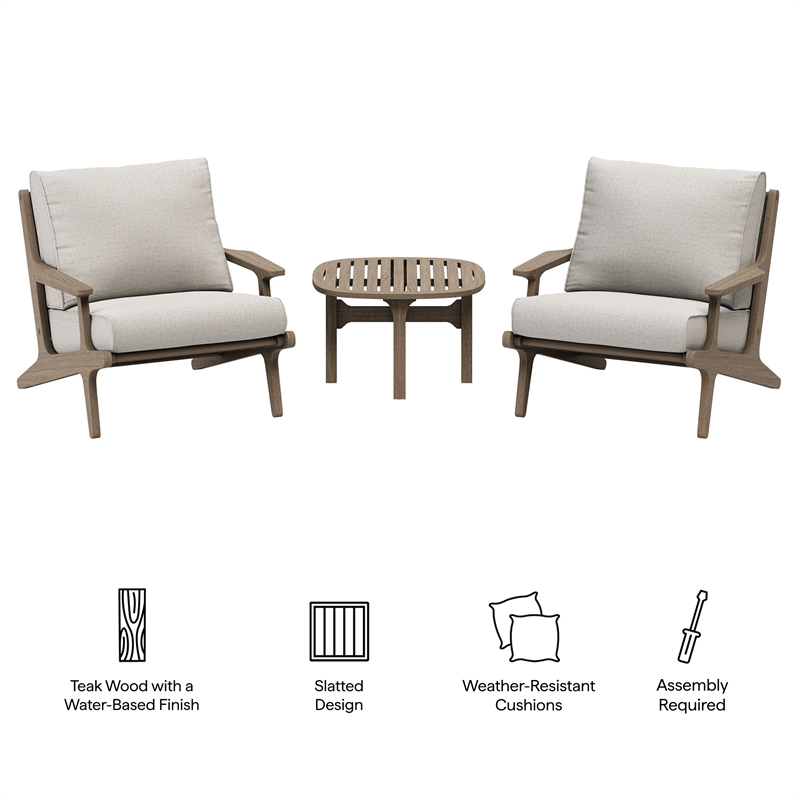 Modway Saratoga 3-PC Patio Teak Wood Furniture Set with Lounge Chairs/Side Table