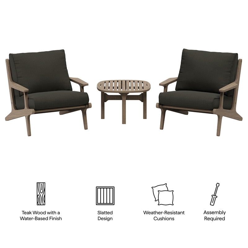 Modway Saratoga 3-PC Patio Teak Wood Furniture Set with Lounge Chairs/Side Table