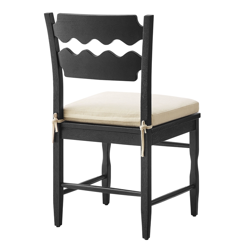 Jax Oak Wood Dining Chair With Wavy Razor Back and Cushion in Black Linen