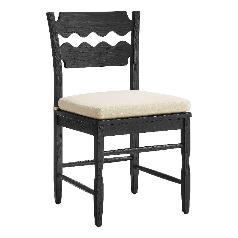 Jax Oak Wood Dining Chair With Wavy Razor Back and Cushion in Black Linen
