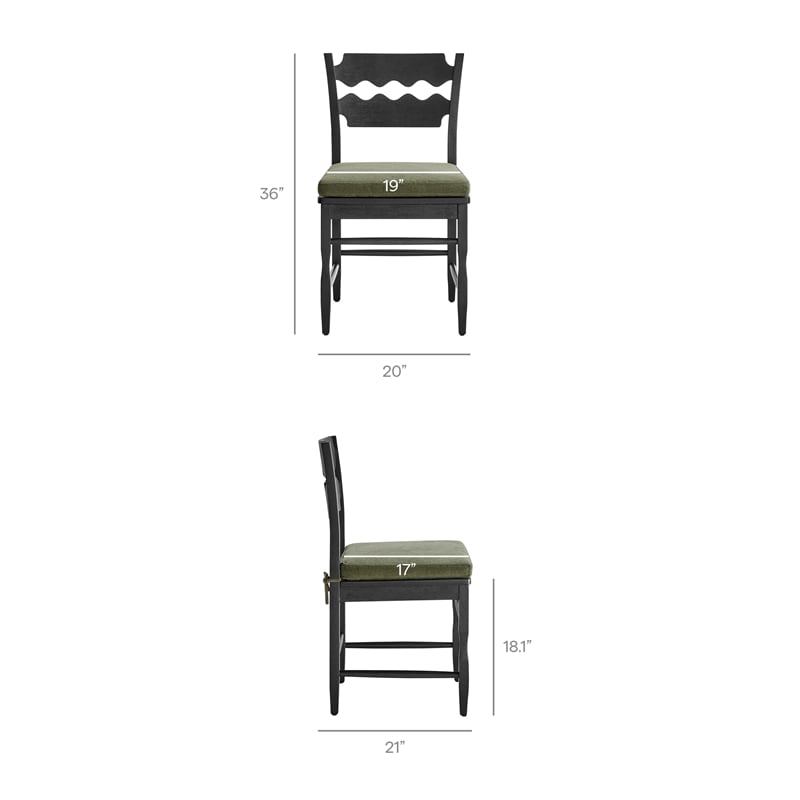 Jax Oak Wood Dining Chair With Wavy Razor Back and Cushion in Black Sage