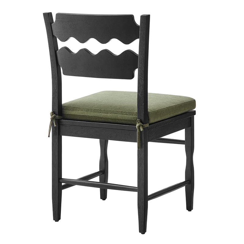 Jax Oak Wood Dining Chair With Wavy Razor Back and Cushion in Black Sage