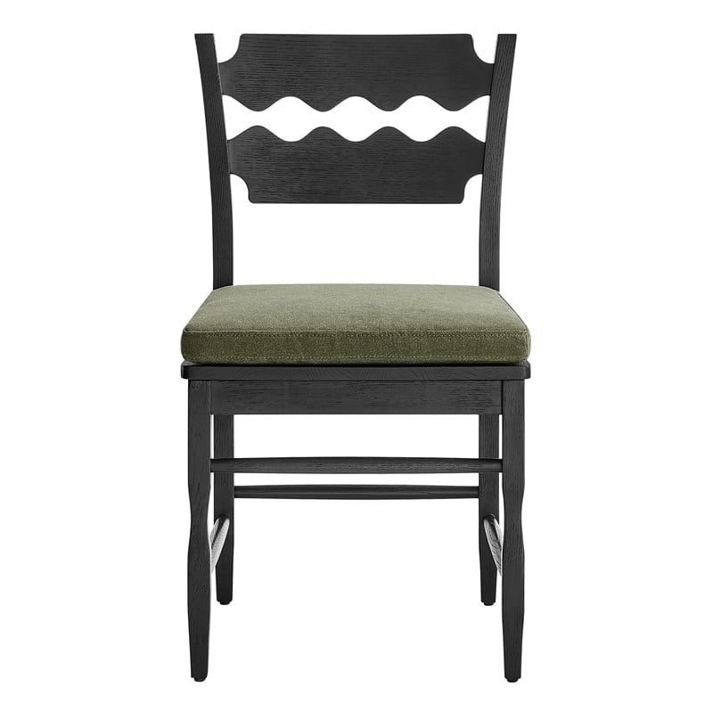 Jax Oak Wood Dining Chair With Wavy Razor Back and Cushion in Black Sage