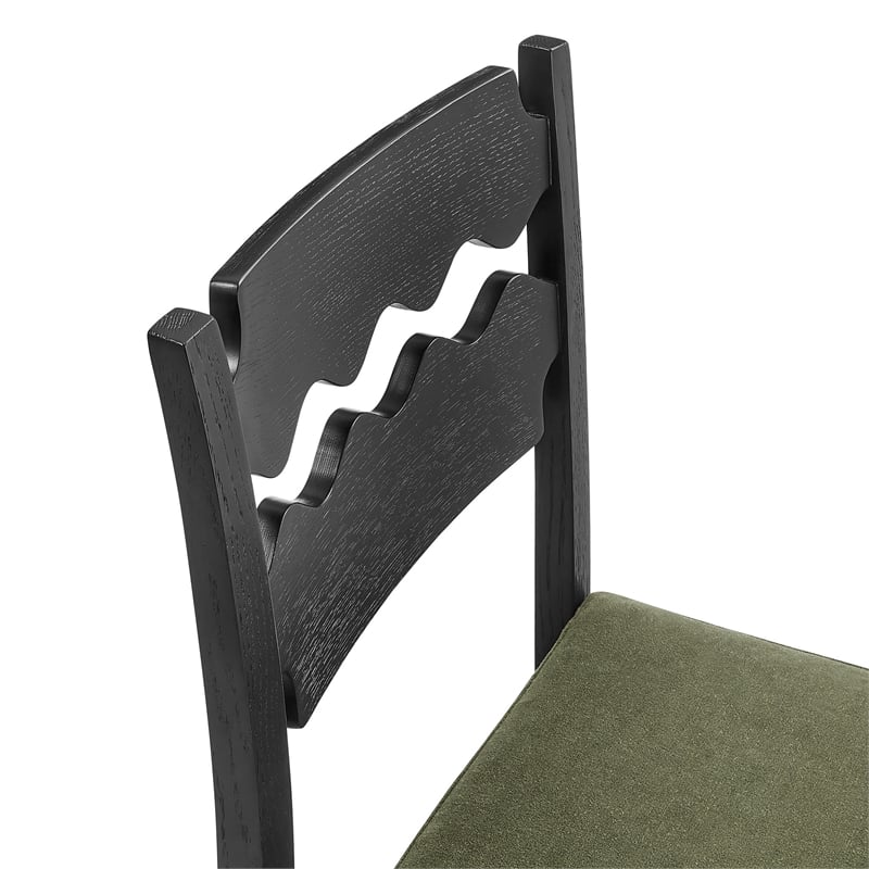 Jax Oak Wood Dining Chair With Wavy Razor Back and Cushion in Black Sage
