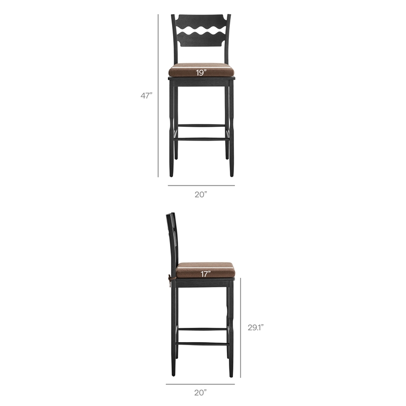 Jax Oak Wood Bar Stool With Wavy Razor Back and Cushion in Black Cocoa