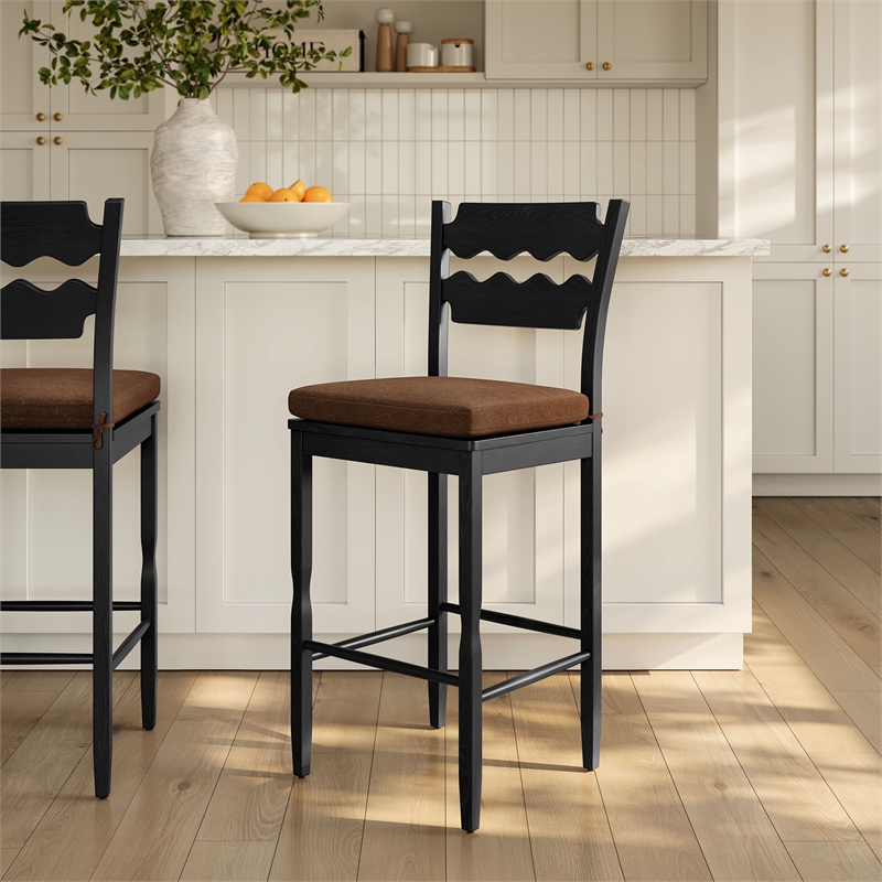 Jax Oak Wood Bar Stool With Wavy Razor Back and Cushion in Black Cocoa