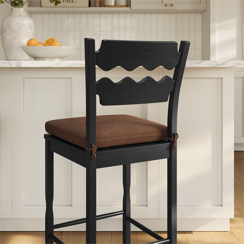 Jax Oak Wood Bar Stool With Wavy Razor Back and Cushion in Black Cocoa